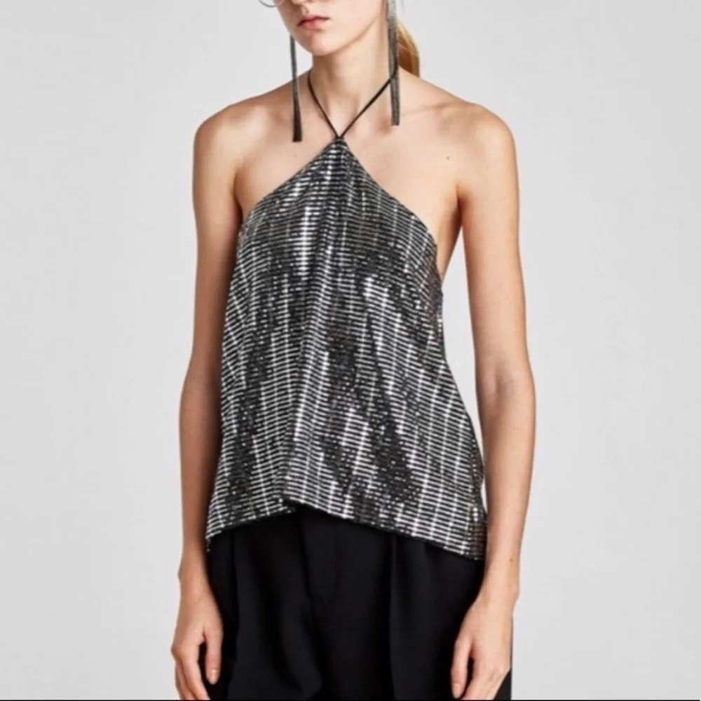 Zara Womens Basic Collection Silver Sequin Halter Neck Party Crop Top Size M